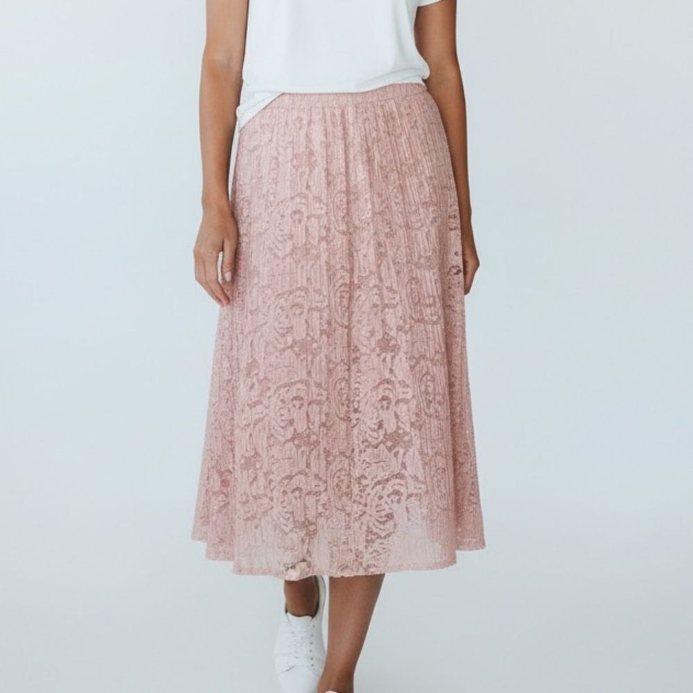 NWT Adrianna Papell Pleated Lace Pull-on Skirt in Champagne Size Large